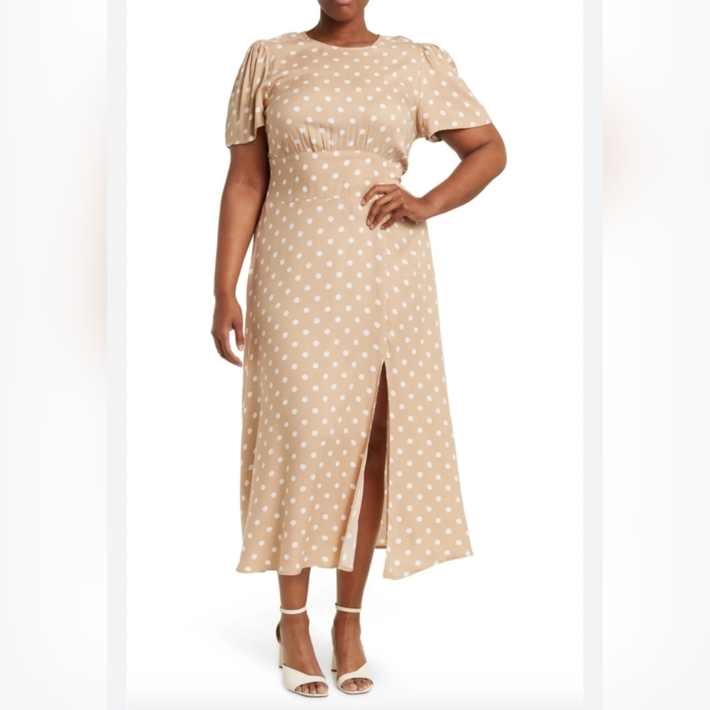 AFRM X Nordstrom Jamie Print Open Back Short Sleeve Dress Tan Polka Dot 3X Read